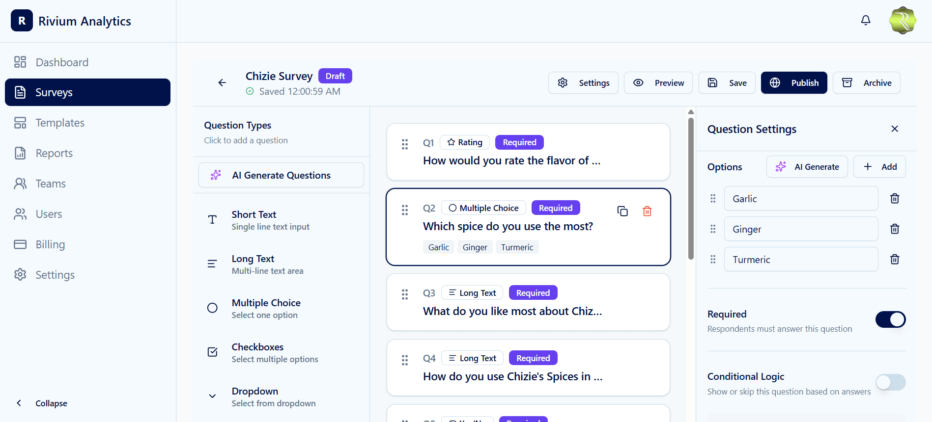 Rivium Survey Builder - Drag-and-drop interface with 10+ question types